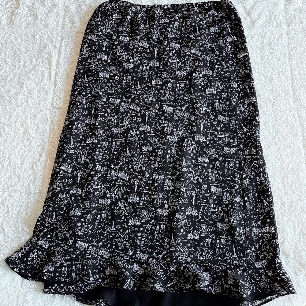 Black midi a-line skirt with Paris themed doodles